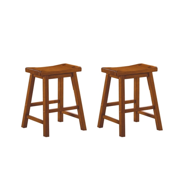 Saddle Seat Stools 2pc Set - 18 Inch Height - Solid Wood - Oak Finish - Casual Dining Bar Stools - Kitchen Counter Stools - Home Furniture