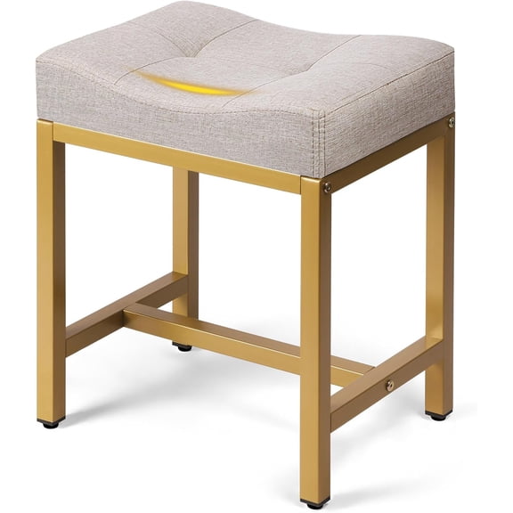 Saddle Seat Vanity Stool, Makeup Stool Chair with Metal Leg, U-Shaped Ottoman Foot Rest, Small Square Chairs Under Desk for Vanity, Living Room, Modern Makeup Bench Linen Light Brown&Gold