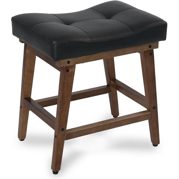 Saddle Seat Vanity Stool with Wood Legs, Makeup Stool Chairs, U-Shaped Ottoman Foot Rest Stools, Modern Makeup Bench, Small PU Leather Square Chair Under Desk for Vanity, Living Room Black