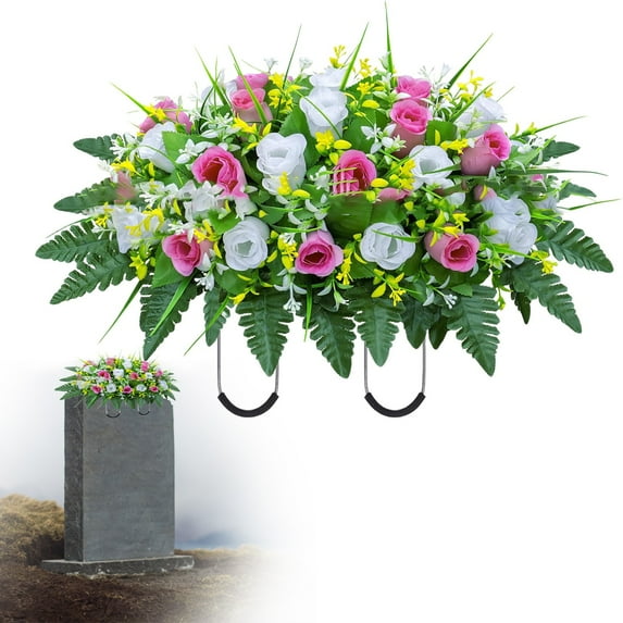 Saddle-Shaped Artificial Cemetery Flowers, Non-Fading Outdoor Memorial Decor Weatherproof Galvanized Frame For Tombstone Arrangements