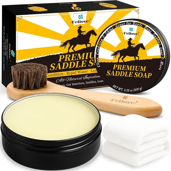 Saddle Soap for Leather All-Natural 3-in-1 Leather Cleaner & Conditioner Kit with Horsehair Brush & Cloth For Boots, Bags, Saddles, Car Interiors, Shoes 3.52oz