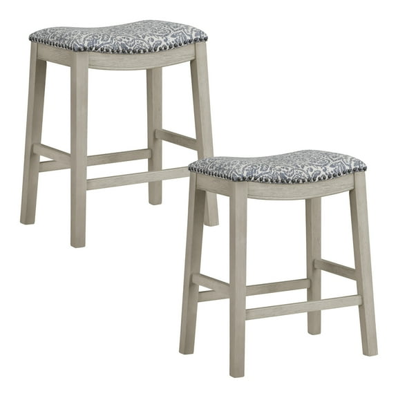 Saddle Stool 24" Counter Height in Damask Navy Fabric with White-washed Finish