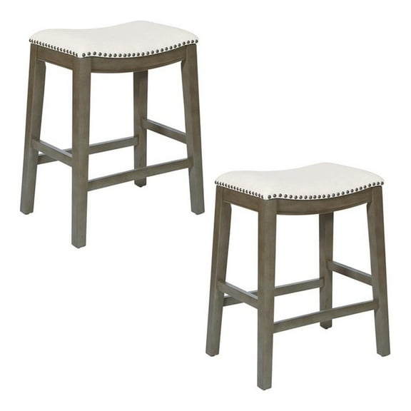 Saddle Stool 24" in Beige Fabric and Antique Grey Base and Linen Fabric 2-Pack