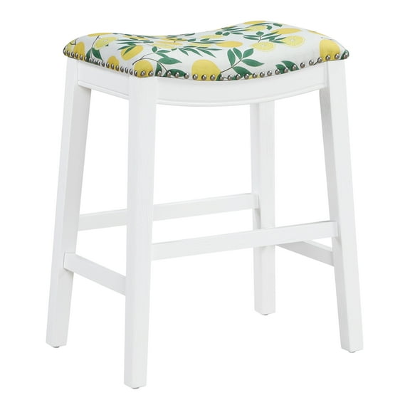 Saddle Stool 24" in lemons Fabric With White Wood Finish 2-Pack