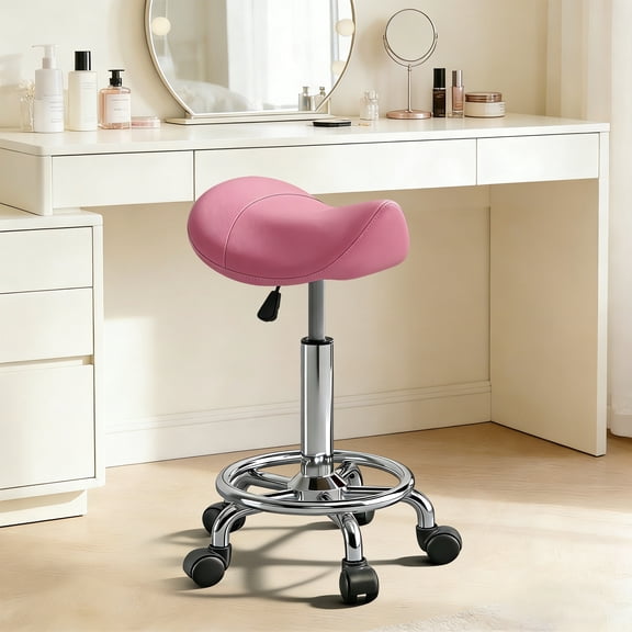 Saddle Stool, Adjustable Height Ergonomic Swivel Chair with Wheels, PU Leather Saddle Seat with Ring Pedal for Salon, Massage, Clinic, Lab, and Office Khaki