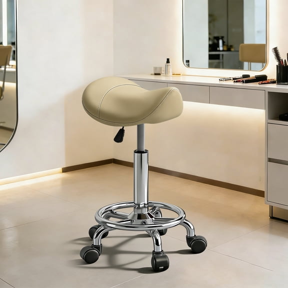 Saddle Stool, Adjustable Height Ergonomic Swivel Chair with Wheels, PU Leather Saddle Seat with Ring Pedal for Salon, Massage, Clinic, Lab, and Office Pink