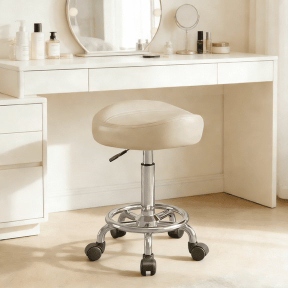 Saddle Stool, Adjustable Height Ergonomic Swivel Chair with Wheels, PU Leather Saddle Seat with Ring Pedal for Salon, Massage, Clinic, Lab, and Office Pink