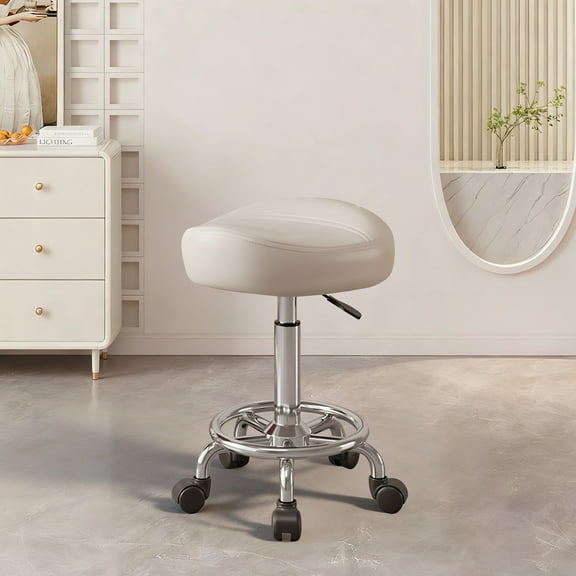 Saddle Stool, Adjustable Height Ergonomic Swivel Chair with Wheels, PU Leather Saddle Seat with Ring Pedal for Salon, Massage, Clinic, Lab, and Office White