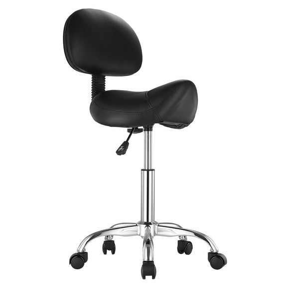 Saddle Stool with Back Support and Wheels, 450 LBS Weight Capacity Ergonomic Rolling Stool, Height Adjustable Thickened PU Leather Swivel Saddle Chair for Salon, Spa, Massage, Tattoo, Black