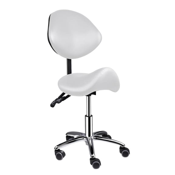 Saddle Stool Chair with Back Ergonomic Rolling Esthetician Seat for Salon Tattoo Shop Spa Dentist Clinic (Adjustable Backrest, White)