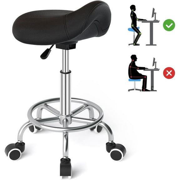 Saddle Stool Ergonomic- Comfortable Rolling Saddle Stool with Wide Thick Saddle Seat Padding, Swivel Adjustable Saddle Chair with Wheels and Ring Pedal for Medical Massage Salon (Dark Black)