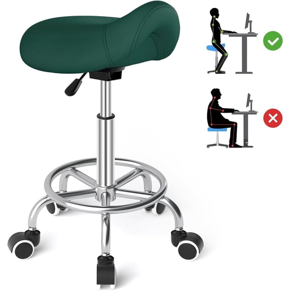 Comfortable Rolling Saddle Stool with Wide Thick Saddle Seat Padding, Swivel Adjustable Saddle Chair with Wheels and Ring Pedal for Massage Salon (Green)