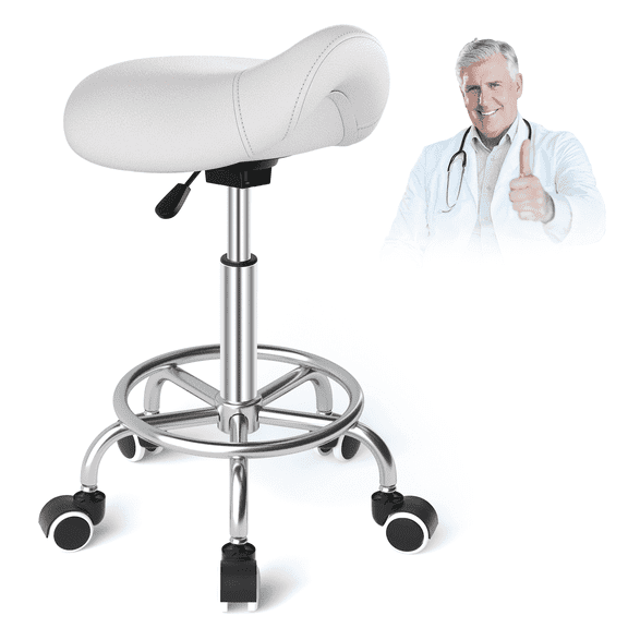 YEEZEE Saddle Stool, Ergonomic Rolling Stool with Foot Ring, 360° Swivel and PU Wheels, White