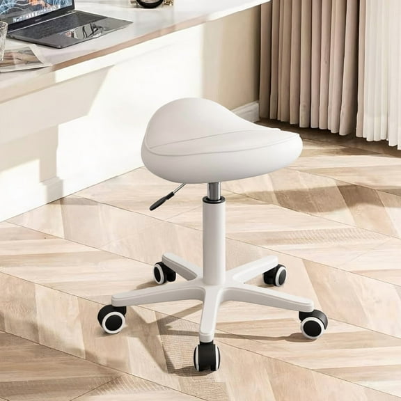 XUEGW Saddle Stool with Rolling Wheels, Adjustable Height Swivel Ergonomic Chair with Thick Padded Seat, Fit for Hair Salon, Dental Clinic, Spa, Massage Studio, Office & Home, White