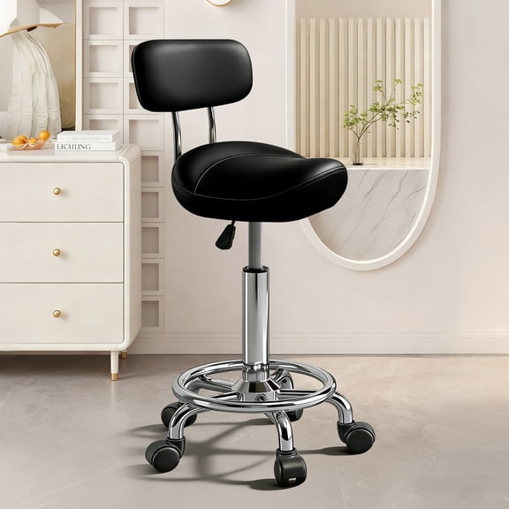 Saddle Stool with Back and Ring Pedal, Adjustable Hydraulic Rolling Chair with Wheels for Salon, Spa, Medical, Massage & Drafting Use Black