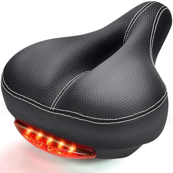 Bike Seat,3 modes Tail light,Memory Foam Extra Wide Bicycle Saddle, Oversized Exercise Bike Seat with Dual Shock Absorbing & Waterproof for Women Men