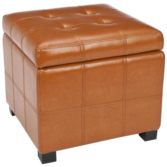 Saddle Tufted Square Faux Leather Storage Ottoman With Block Legs
