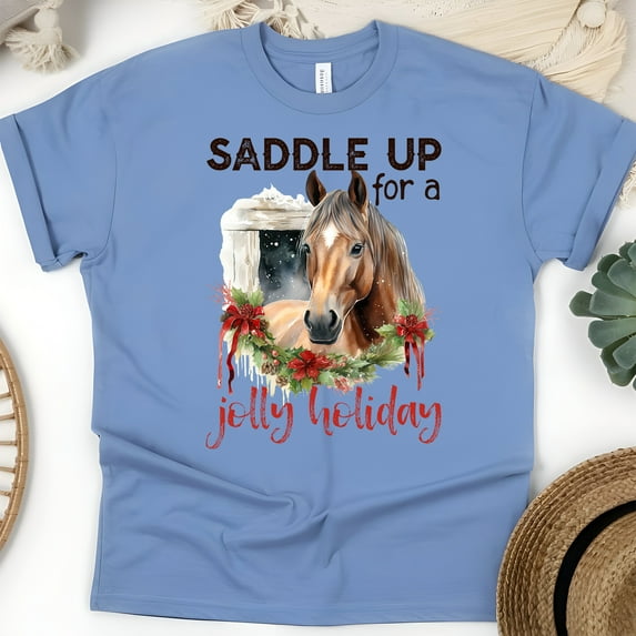 Saddle Up Jolly Holiday Shirt | Horse Christmas Graphic Tee, CarolinaBlue, Size 2XL