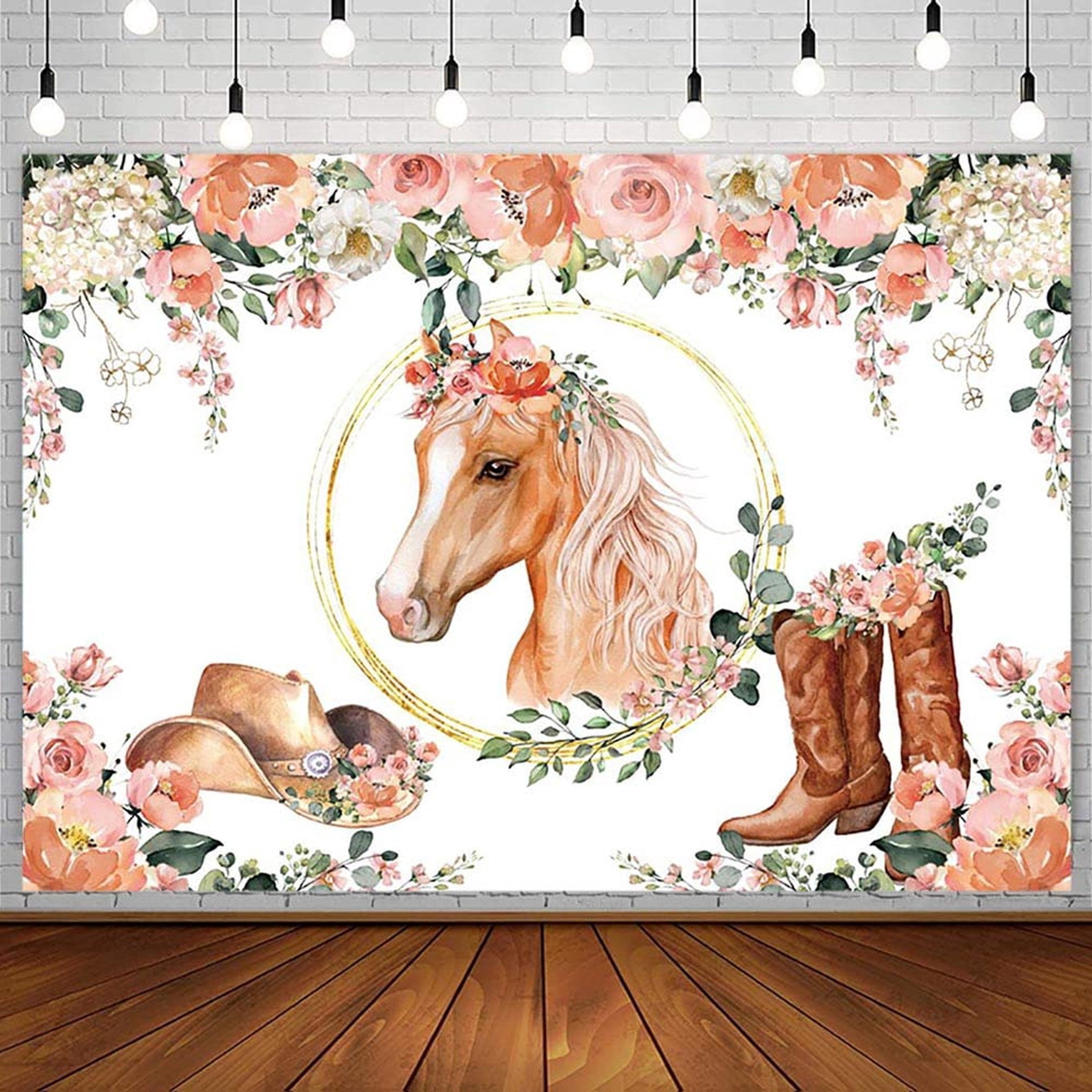 Aperturee Light Floral Cowgirl Wooded Round Birthday Backdrop