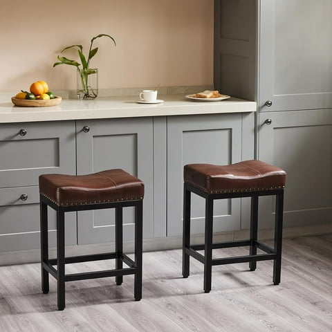 Saddleback Bar Stools, Backless Counter Stools, Metal Base with Modern PU Leather Saddle Seats, Brown, Set of 2