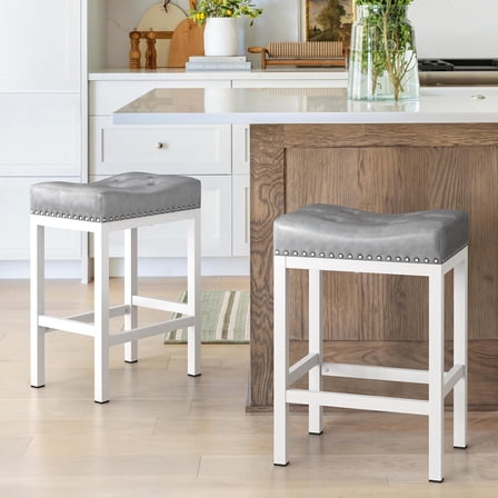 Saddleback Bar Stools, Backless Counter Stools, Metal Base with Modern PU Leather Saddle Seats, Gray, Set of 2
