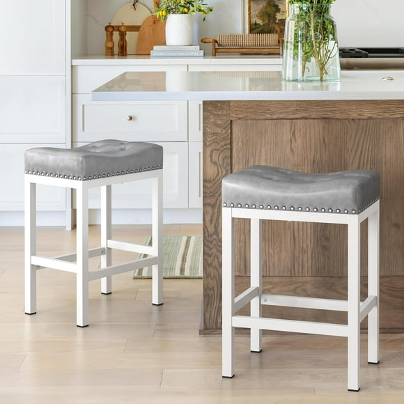 Saddleback Bar Stools, Backless Counter Stools, Metal Base with Modern PU Leather Saddle Seats, Gray, Set of 2
