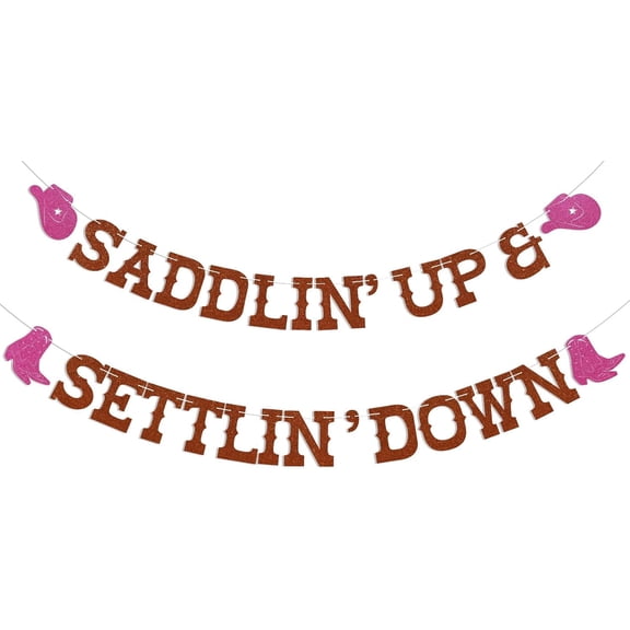 Saddlin Up and Settlin Down Banner - Last Rodeo Bachelorette Party Decor, Tapestry Nashville Bach Party Decorations Brown Glitter