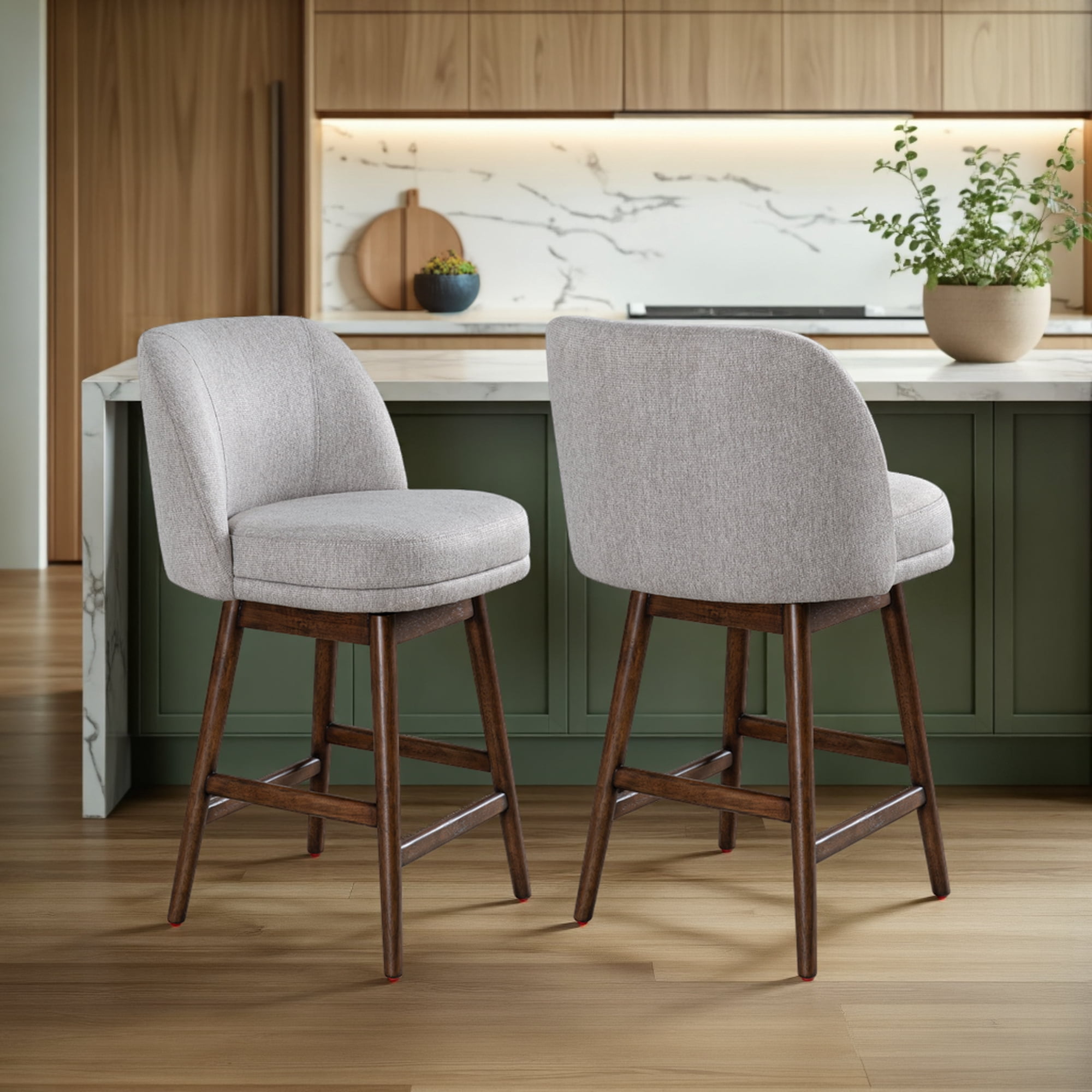 Sadie Brown Solid Wood Upholstered 26" Counter Height Swivel Barstool with Taupe Fabric Seat - Set of 2