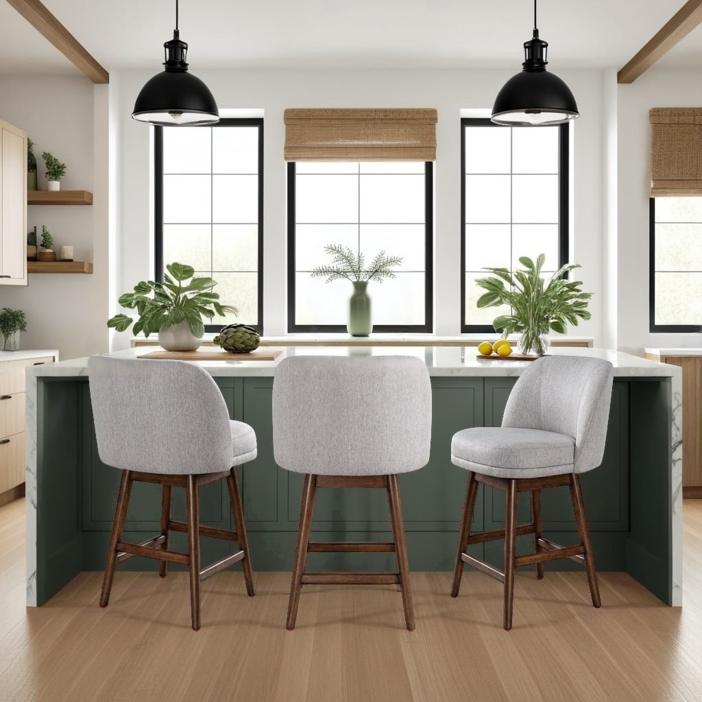 Sadie Brown Solid Wood Upholstered 26" Counter Height Swivel Barstool with Taupe Fabric Seat - Set of 3