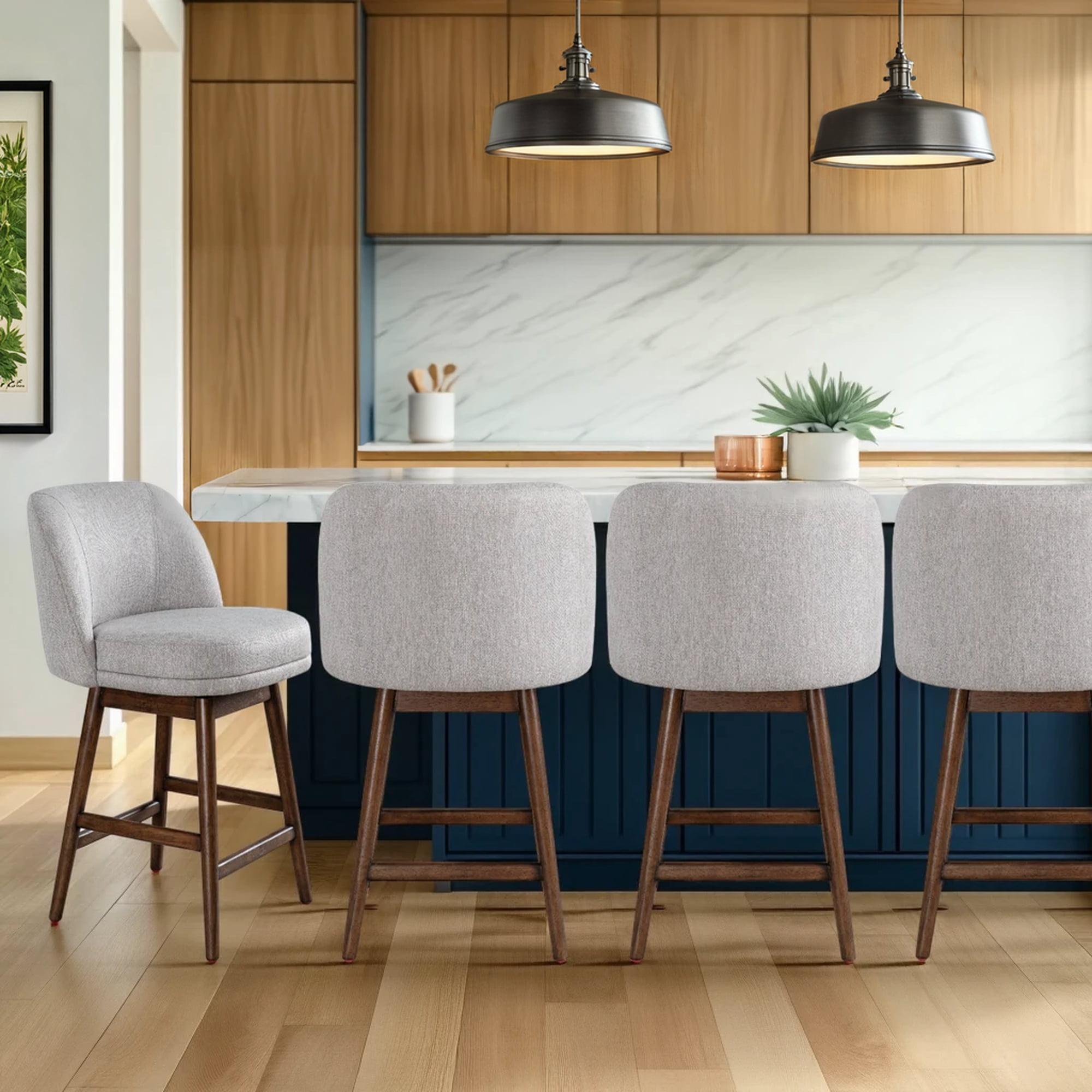 Sadie Brown Solid Wood Upholstered 26" Counter Height Swivel Barstool with Taupe Fabric Seat - Set of 4