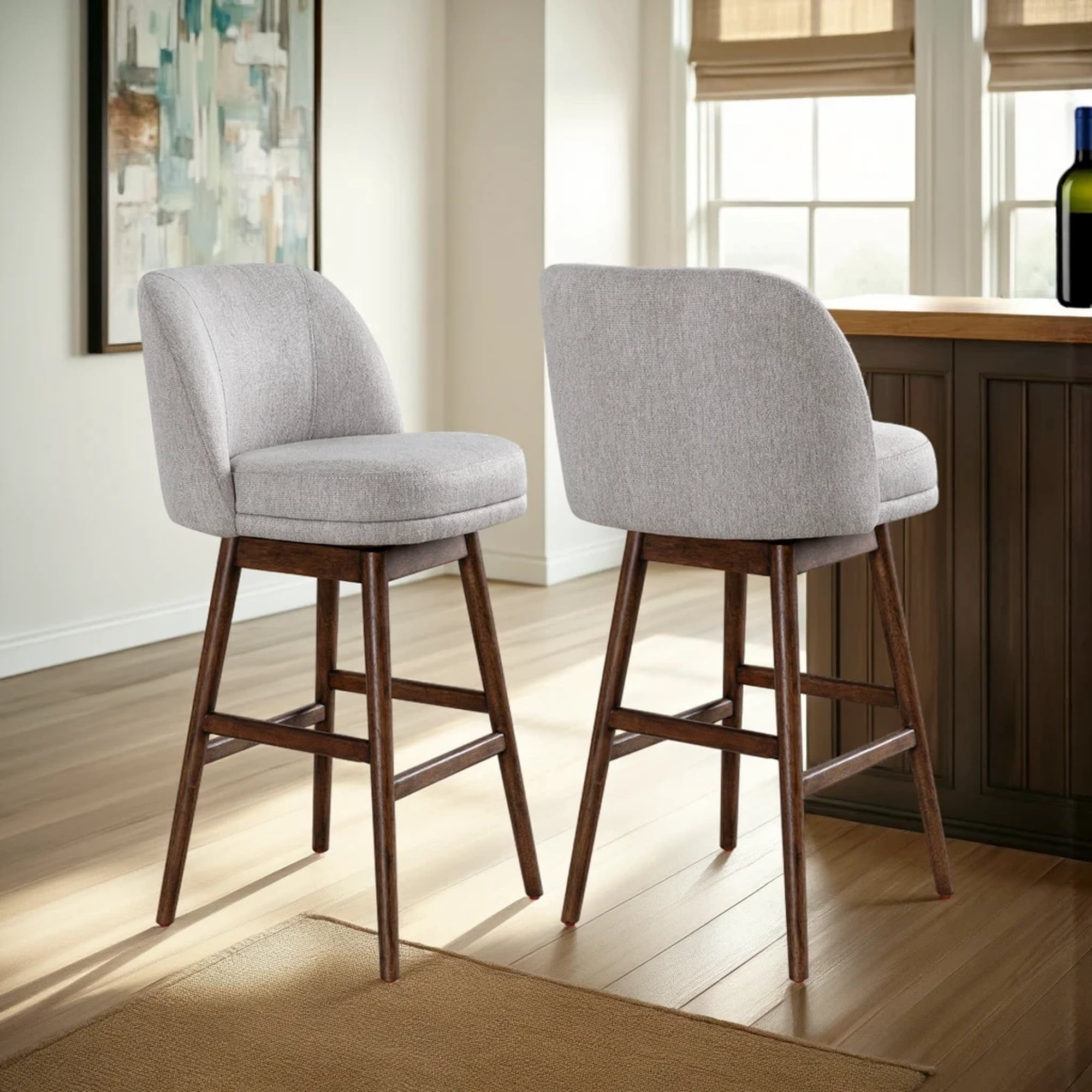 Sadie Brown Solid Wood Upholstered 30" Bar Height Swivel Barstool with Taupe Fabric Seat - Set of 2