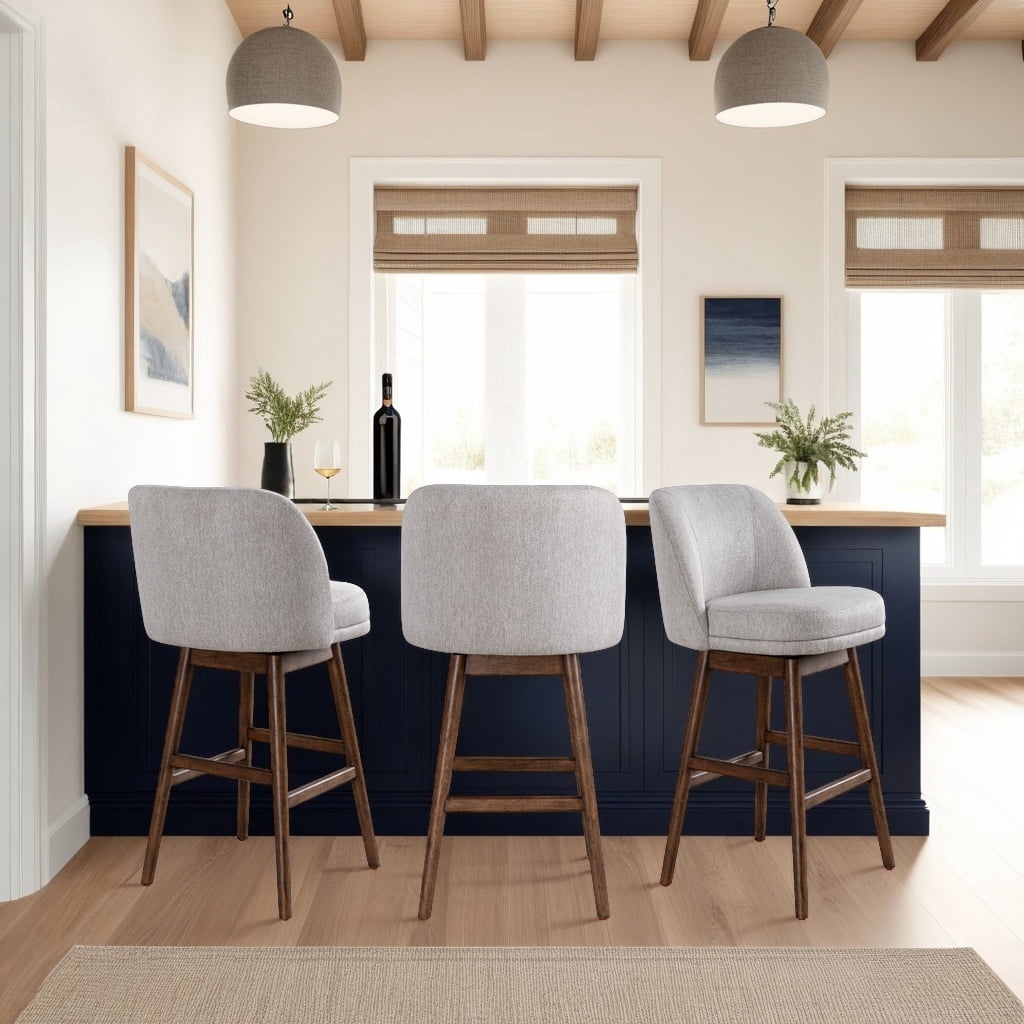 Sadie Brown Solid Wood Upholstered 30" Bar Height Swivel Barstool with Taupe Fabric Seat - Set of 3
