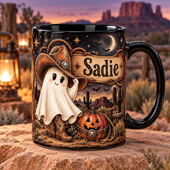 Sadie Cowgirl Ghost Western Pumpkin Ceramic Coffee Mug Halloween Gift