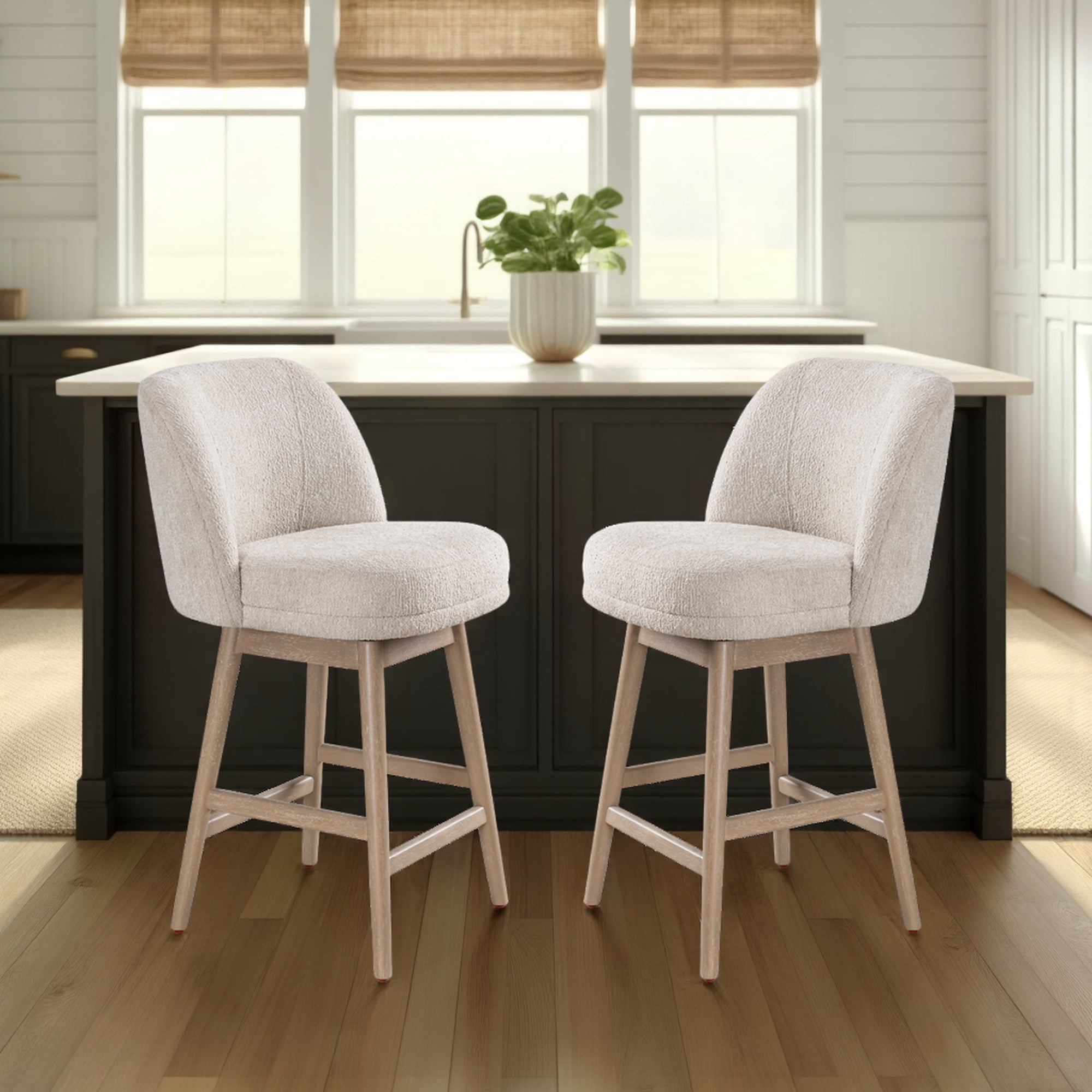Sadie Solid Wood Upholstered 26" Counter Height Swivel Barstool with Ancient Stone Fabric Seat - Set of 2