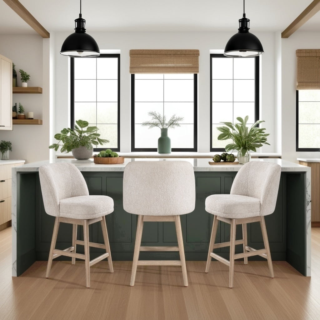 Sadie Solid Wood Upholstered 26" Counter Height Swivel Barstool with Ancient Stone Fabric Seat - Set of 3