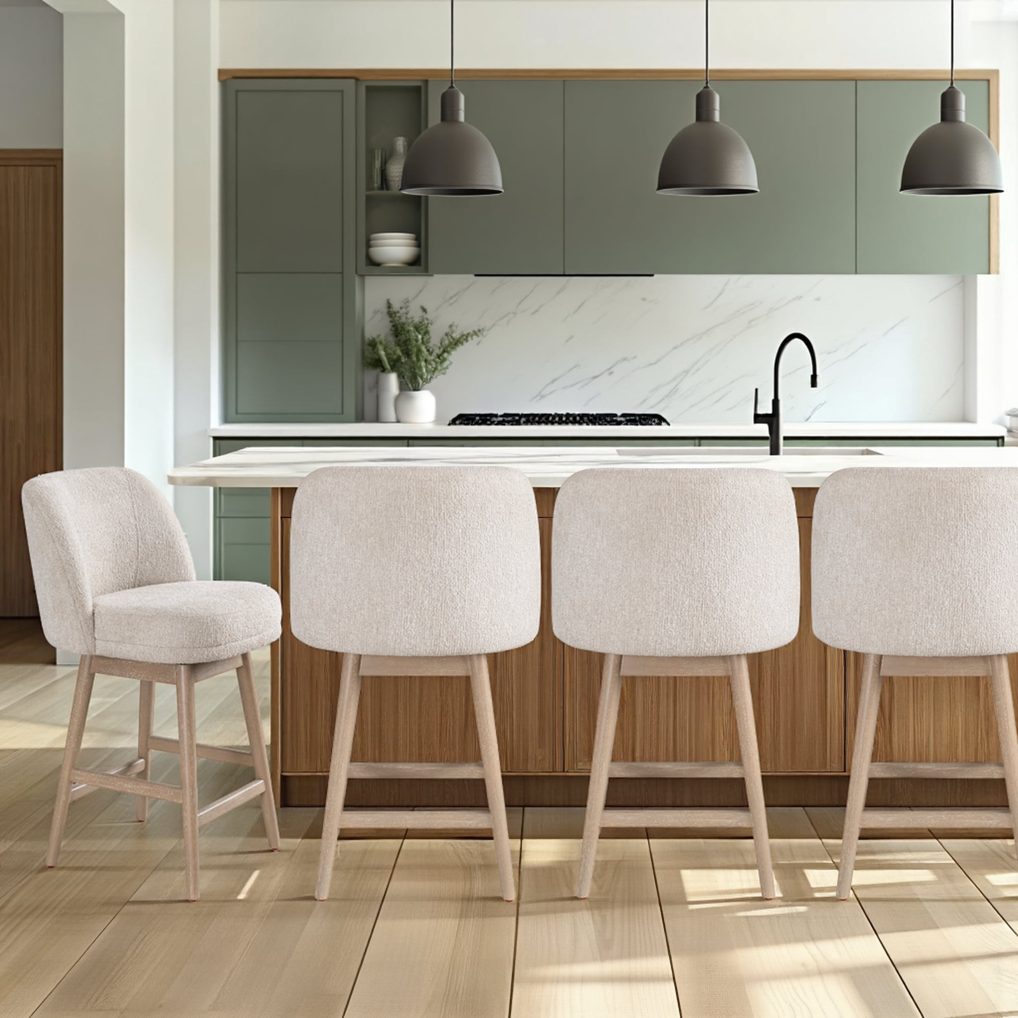 Sadie Solid Wood Upholstered 26" Counter Height Swivel Barstool with Ancient Stone Fabric Seat - Set of 4