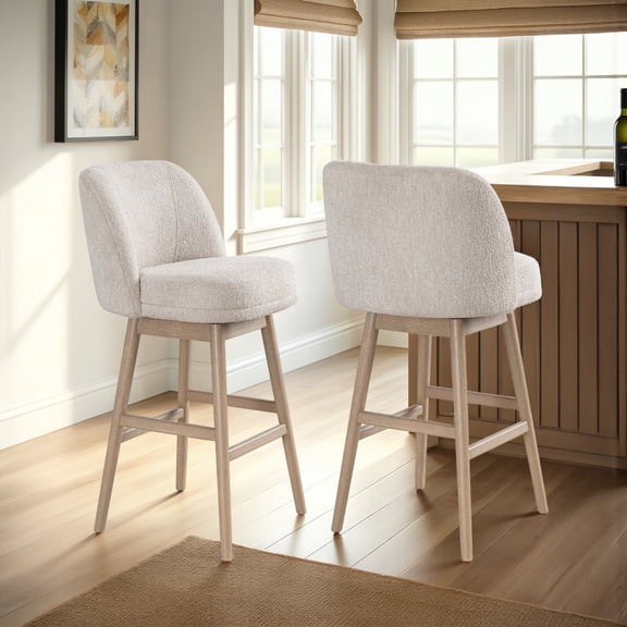 Sadie Solid Wood Upholstered 30" Bar Height Swivel Barstool with Ancient Stone Fabric Seat - Set of 2