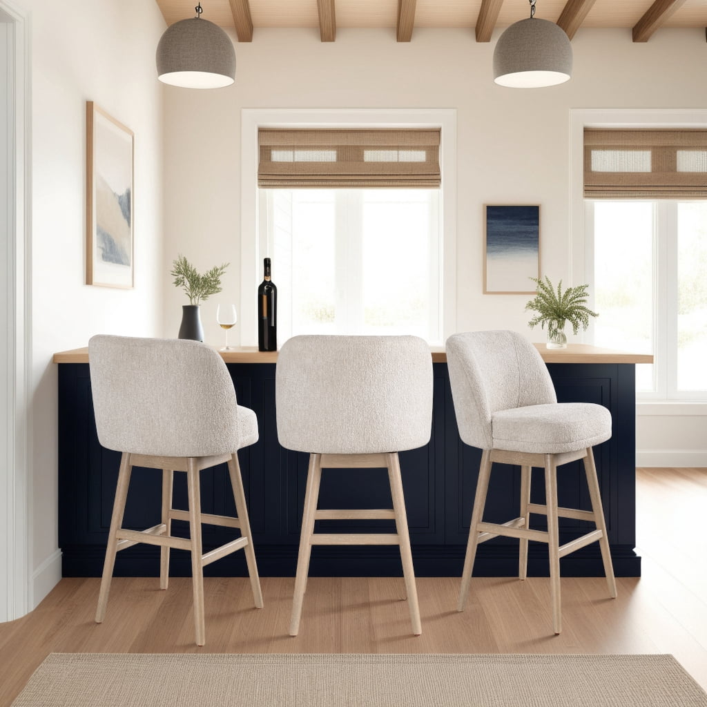 Sadie Solid Wood Upholstered 30" Bar Height Swivel Barstool with Ancient Stone Fabric Seat - Set of 3