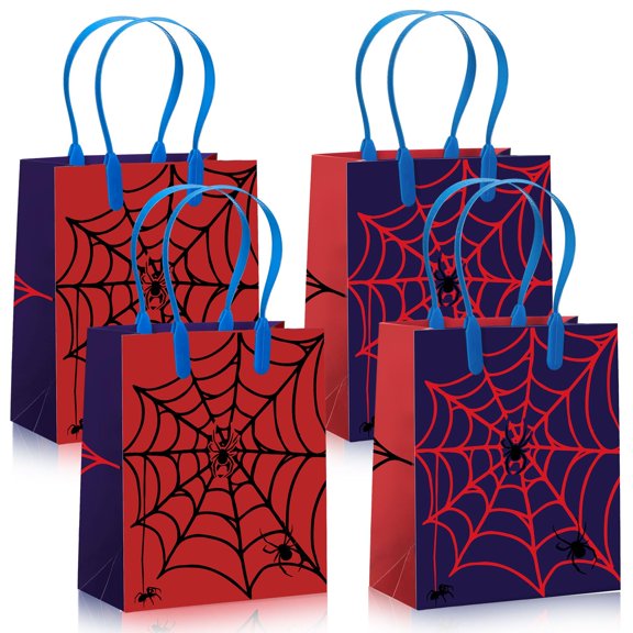Sadnyy 24 Pcs Gift Bags with Handles Red and Blue Spider Web Cartoon Birthday Party Favor Double Sided Goodie Candy Bags for Birthday Spider Theme Party Supplies Y101