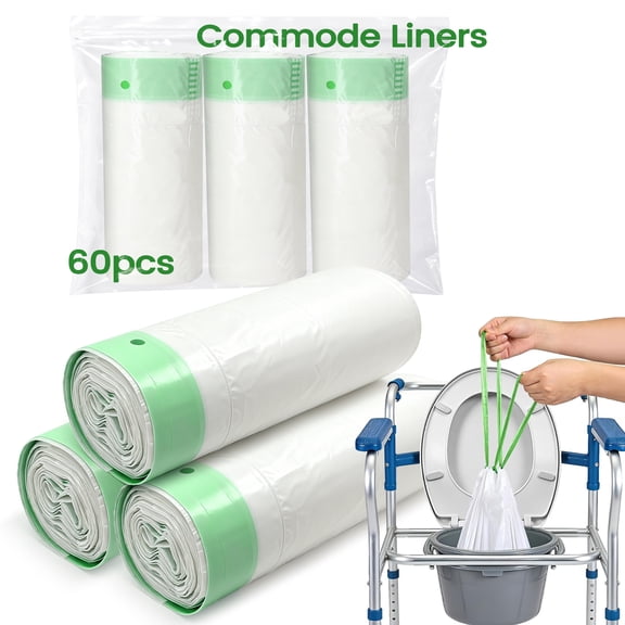 Sadocom Bedside Commode Liners, 60 Pcs Disposable Potty Chair Liners, for Portable Toilets, Bed Pans & Camping Toilets, Ideal for Seniors Home Care, RV Trips