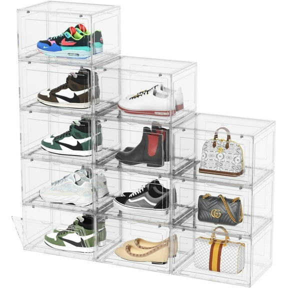 Sadstory 12 Packs Acrylic Clear Plastic Stackbale Shoes Boxes, Clear Sneaker Display Cases
