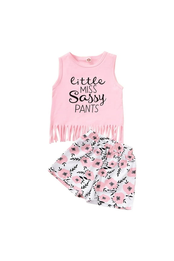 4T Toddler Baby Girl Clothes Baby Girls Outfits 4-5T Toddler Girls Letter Print Sleeveless Tassel Top Floral Shorts Set Pink