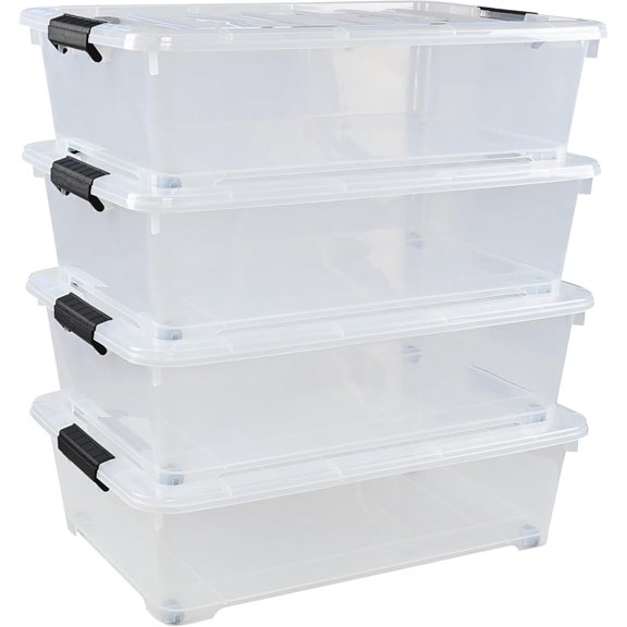 Saedy 4 Pack 25 L Under Bed Storage Box on Wheels, Plastic Lidded Storage Container Bins, F