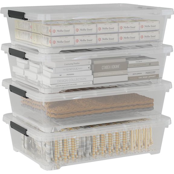 Saedy 4 Pack 40L Plastic Underbed Storage Container Box with Wheels, Clear