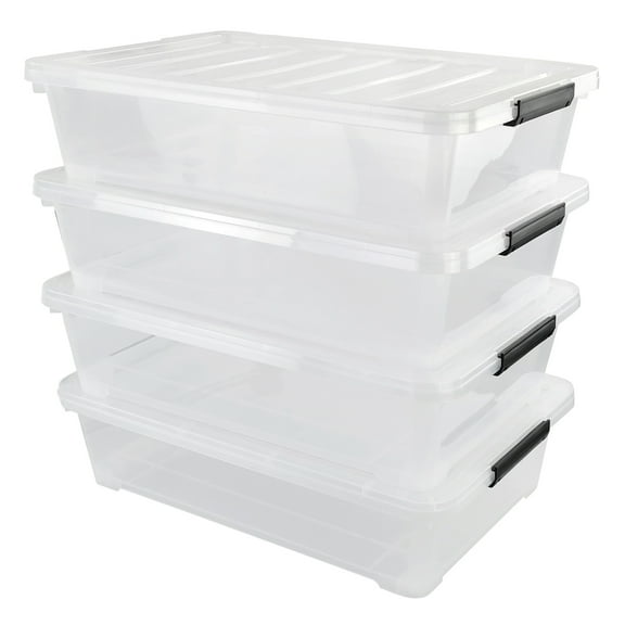 Saedy 40 Liter Plastic Under Bed Storage Bin on Wheels, Clear Lidded Organizer Bins, 4 Pack