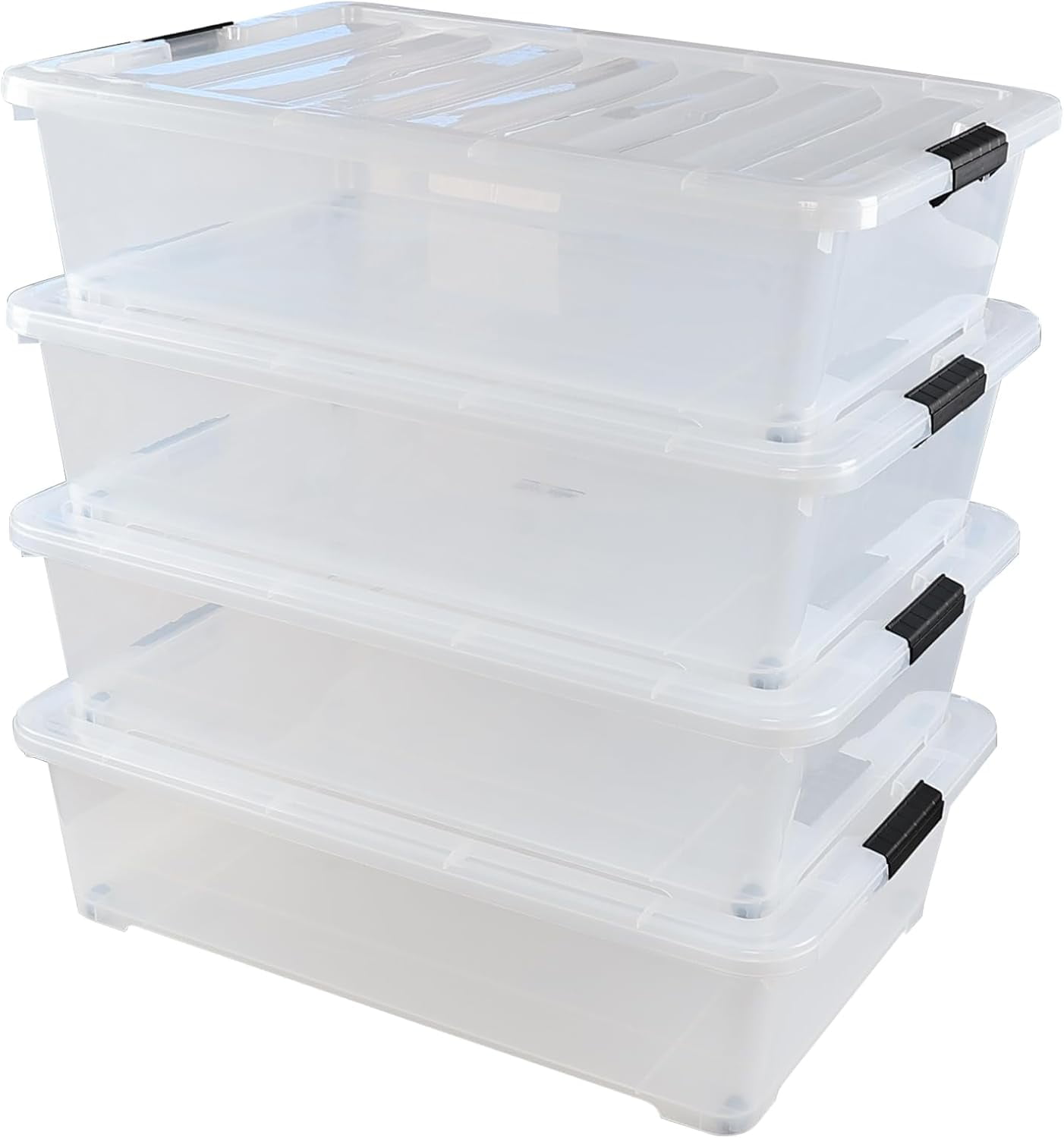 Saedy 50 Liter Clear Plastic Under Bed Storage Bin with Wheels, 4 Pack