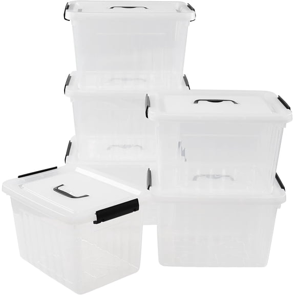 Saedy 6 Pack 12 Quart Plastic Latching Storage Box with Handle, Clear Lidded Storage Bins