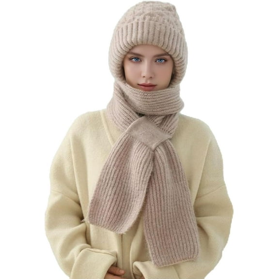 Saeriesof Winter Versatile Knitted Hooded Scarf for Women, Zeanaturals Winter Hats, Knitted Hat Integrated Earmuffs
