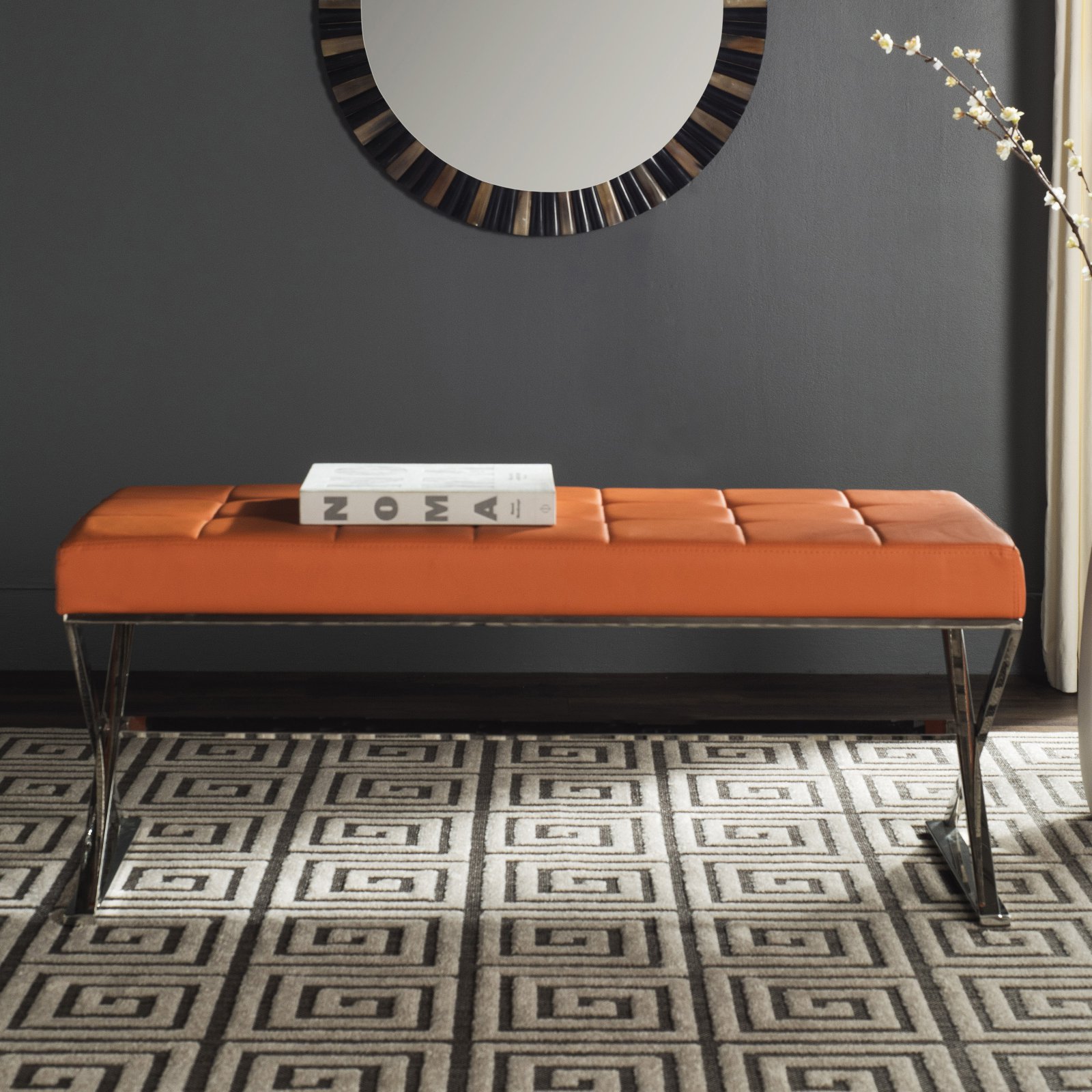 Safaiveh Micha Modern Glam X-Leg Upholstered Rectangular Bench, Orange/Chrome - image 1 of 2