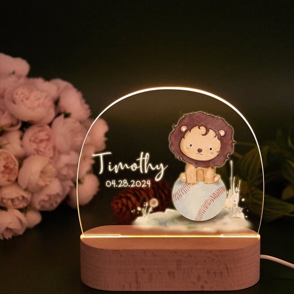 Safari Animal Baseball Custom Night Light Acrylic Plaque Wooden Base Boy Nursery Decor Family Gift Bedside Lamp